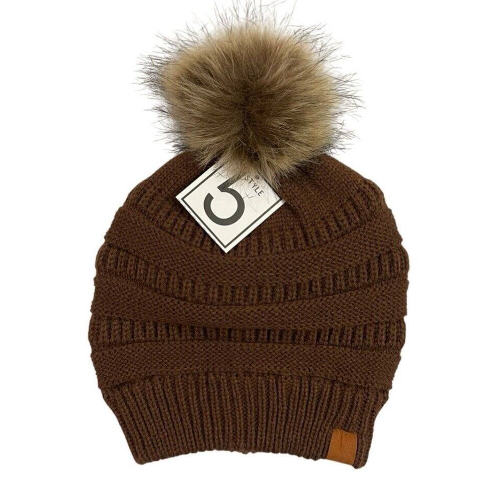 Cable Knit Beanie Faux Fur Pom Brown One Size Fits All Stretch Acrylic NEW